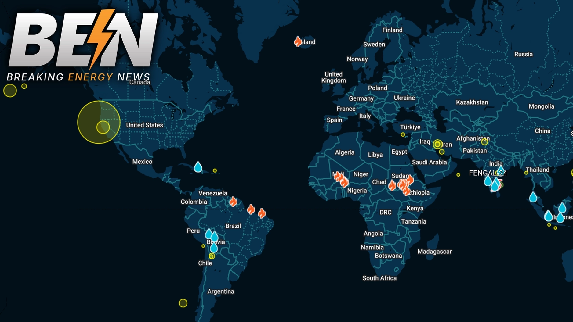 Breaking Energy News dashboard displaying events that are disrupting the energy marketing via geospatial mapping.