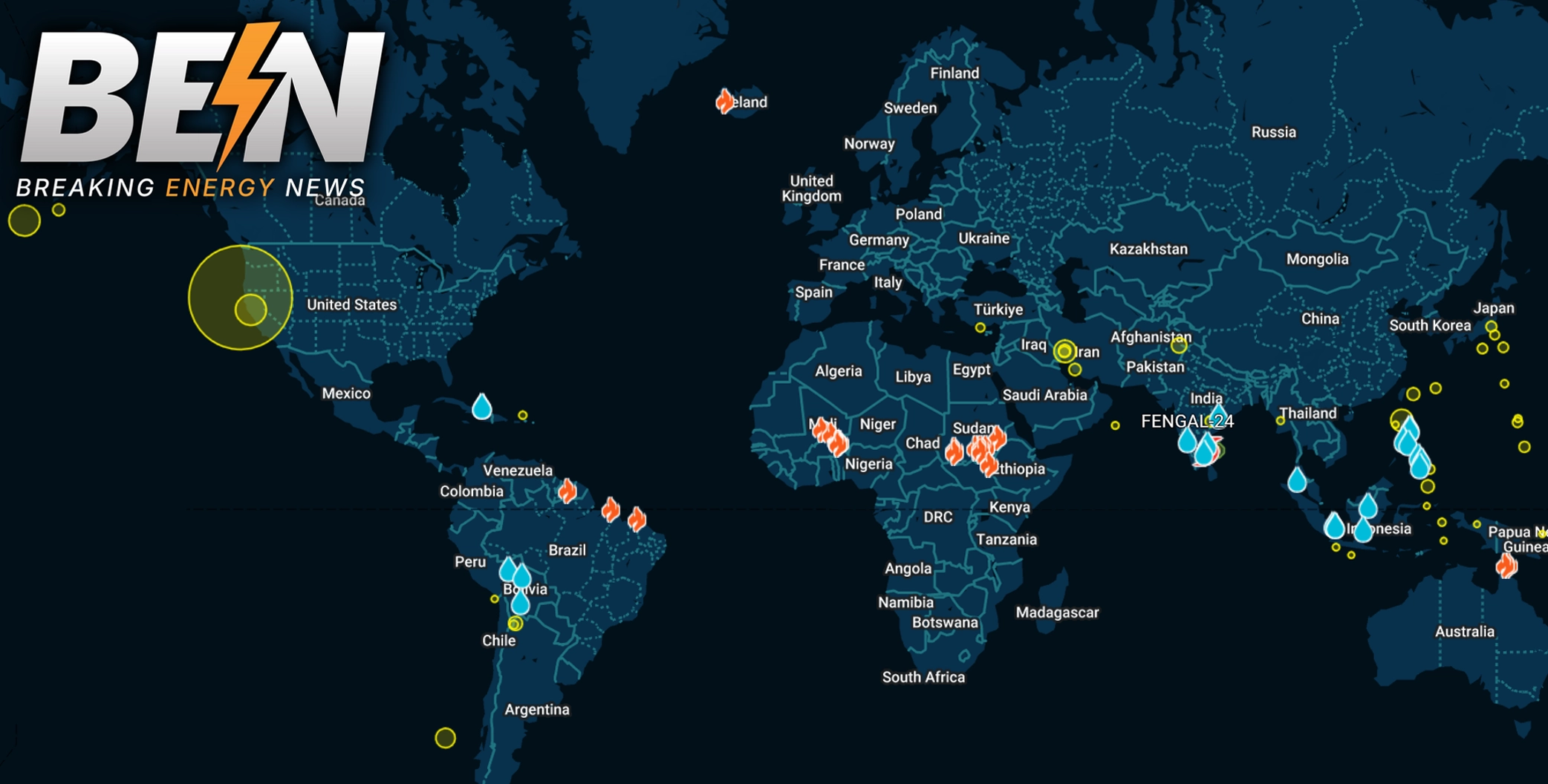 World map from Breaking Energy News highlighting global energy events like wildfires and floods.