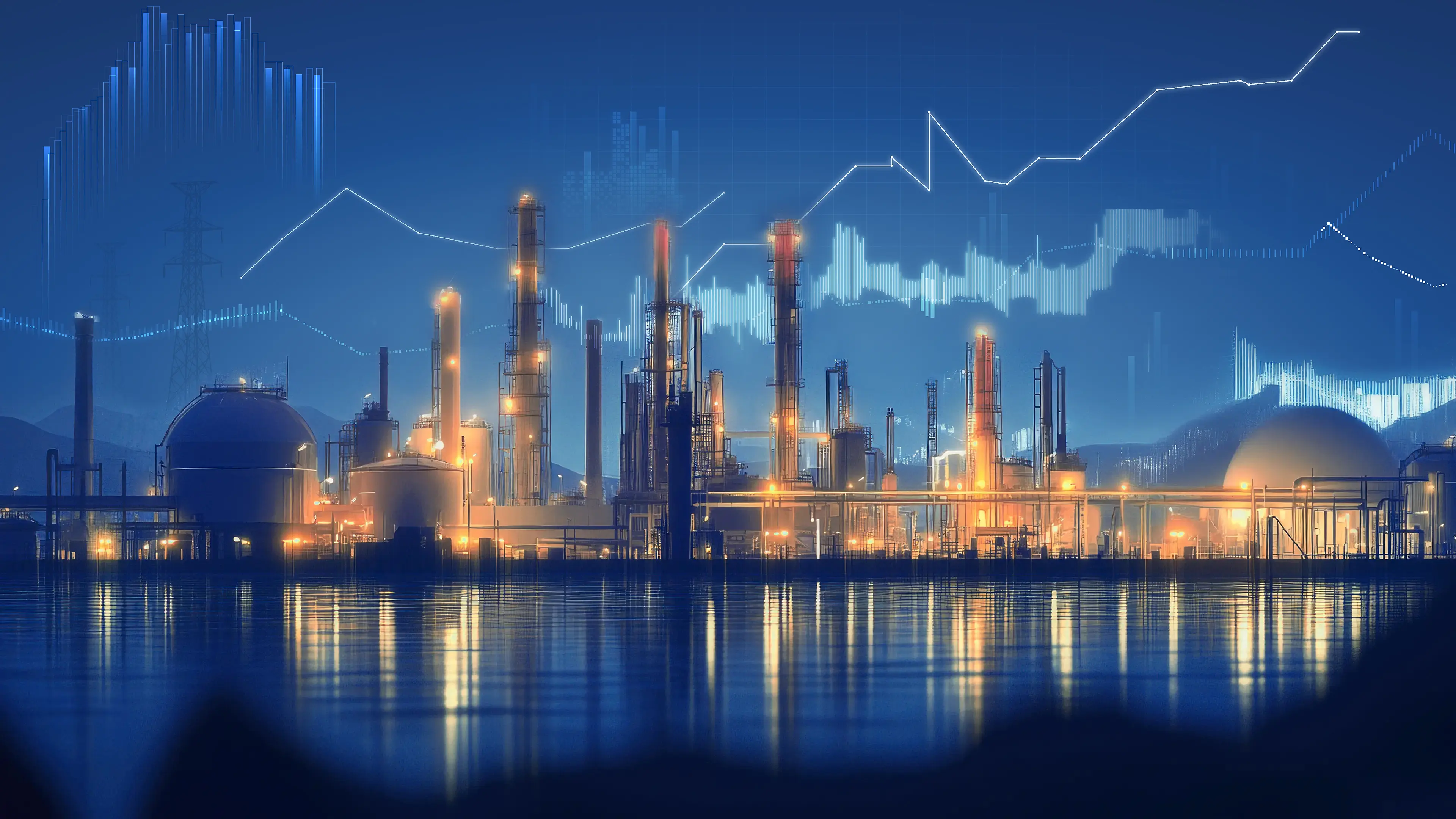 Futuristic industrial complex at night reflected in calm water, with digital data overlays symbolizing energy analytics.