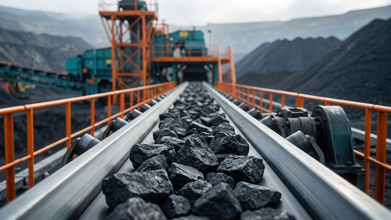 Mining site with conveyer machine equipment holding black mineral ore