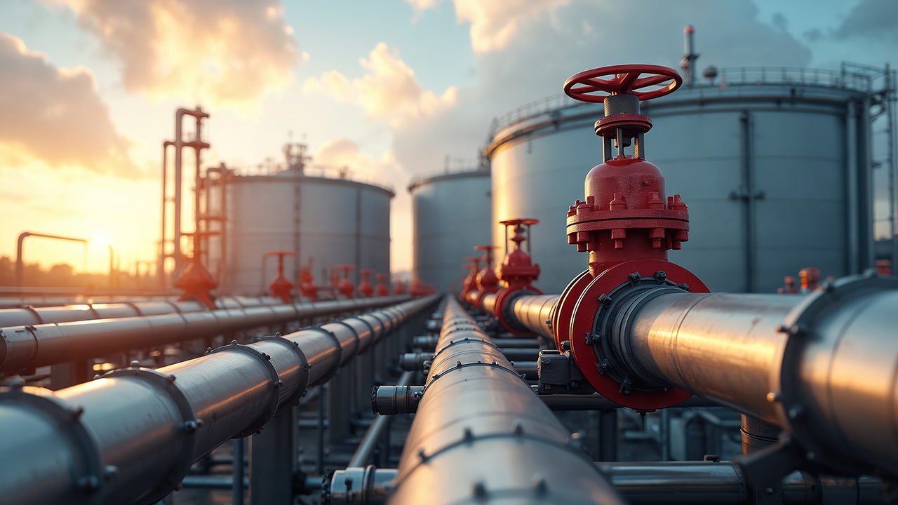 Oil & gas pipelines carrying to facility with sunset in background