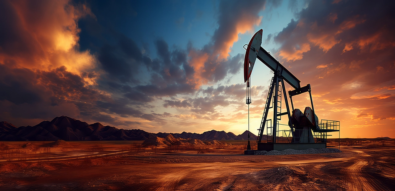 Oil pumpjack silhouetted against a dramatic sunset sky at an upstream oil and gas production site.