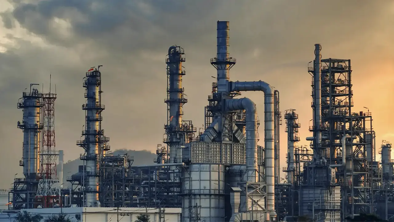 Illuminated industrial refinery complex under a twilight sky, featuring large metal pipes and towering structures bathed in artificial light.