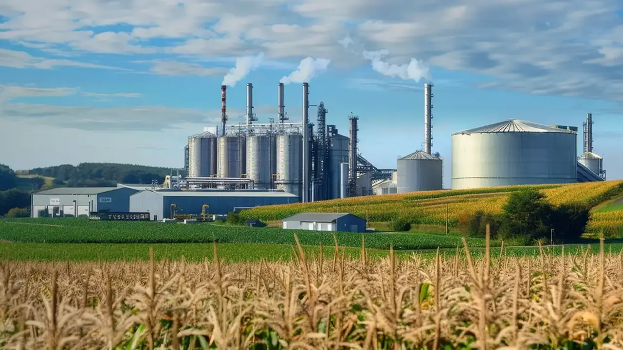 Renewable fuels plant with silos and smokestacks beside cornfields under a partly cloudy sky.