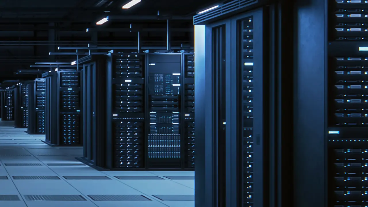 Dimly lit data center with rows of glowing blue server racks representing digital energy demand.