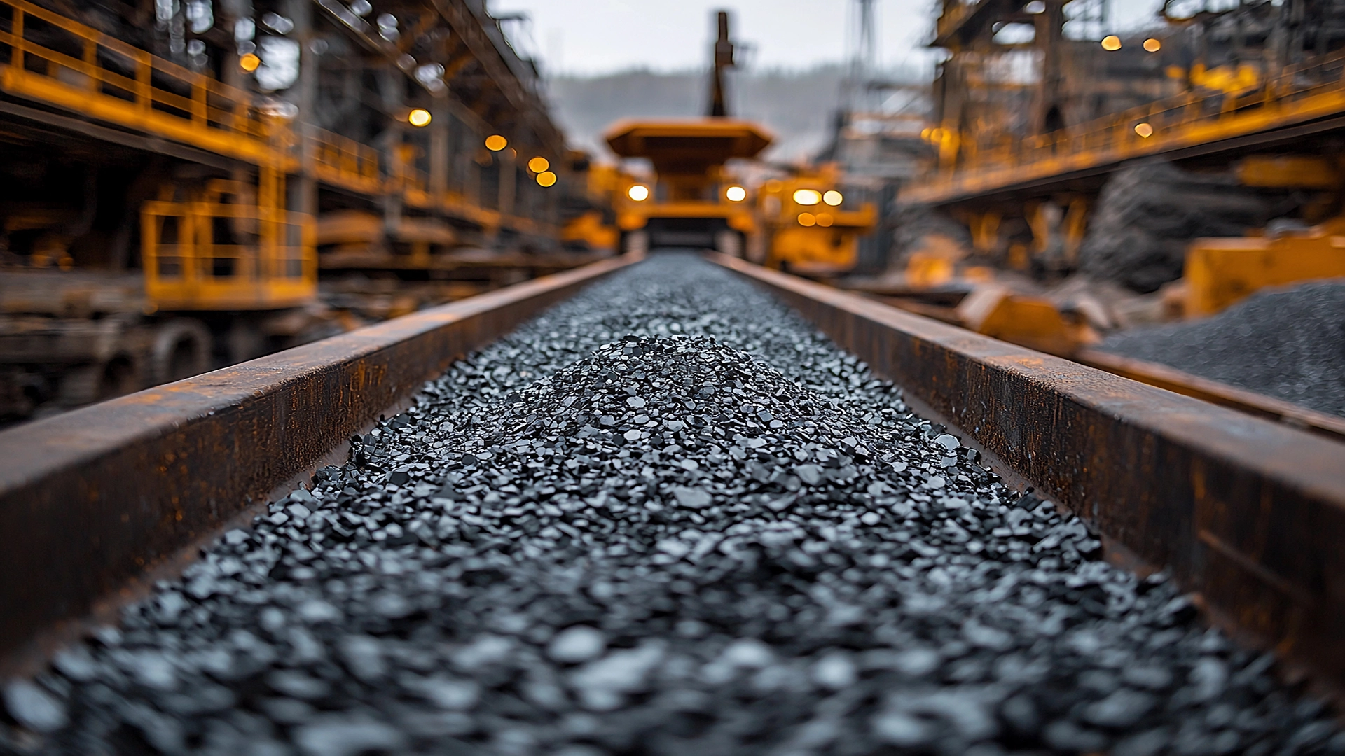 Mining facility with ore on a conveyor belt with a yellow steel structure
