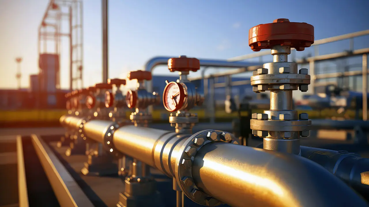 Close-up of gas tap with outdoor pipeline system near natural gas station