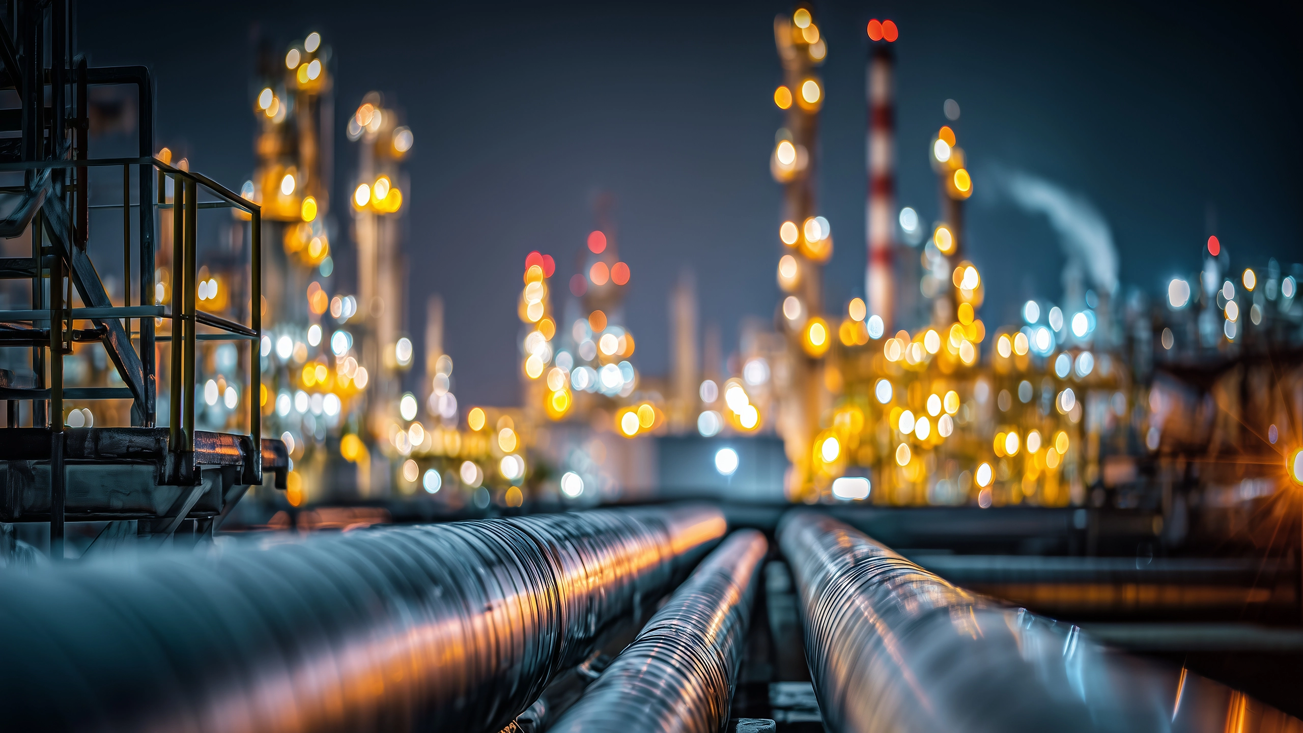 oil plant at night with its lights on showing pipeline