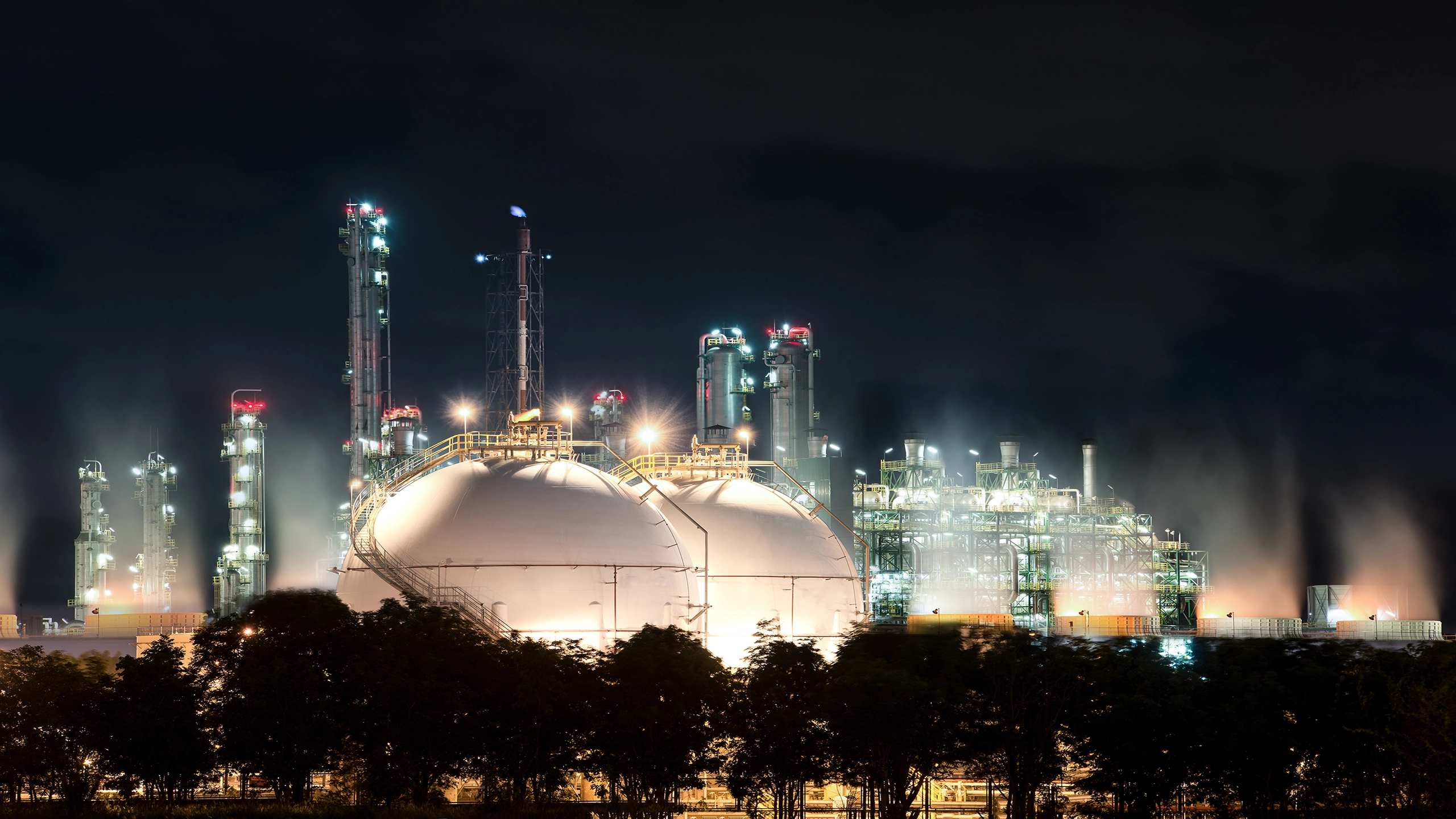 petrochemical plant at night from the air