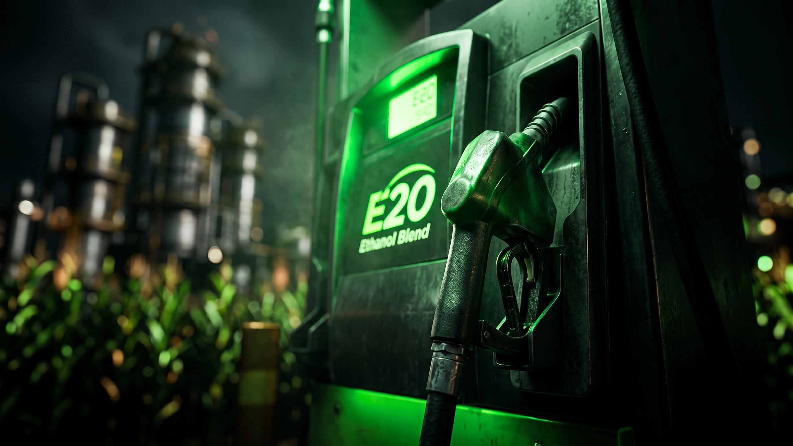 Chemical plant at night with a ethanol field along with a E20 gas pump