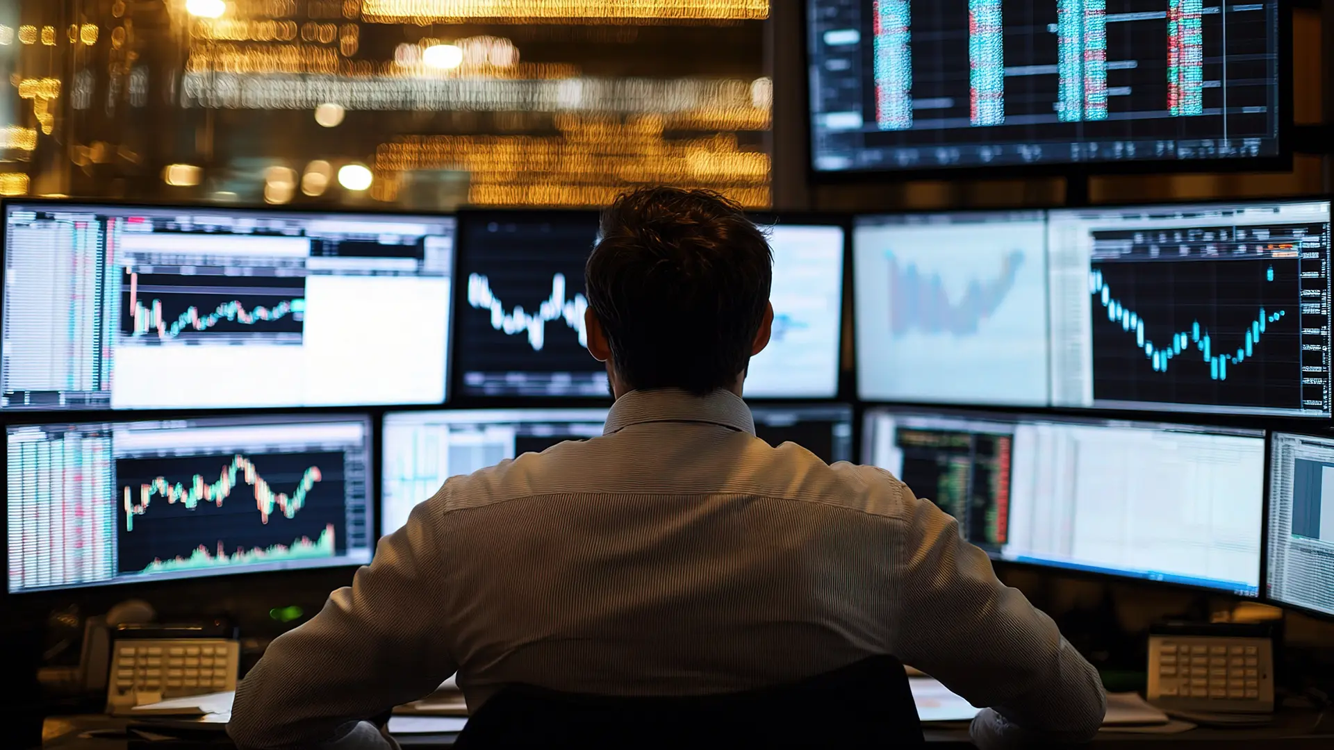 Analyst reviewing live market and energy data across multiple monitors in a dimly lit room.