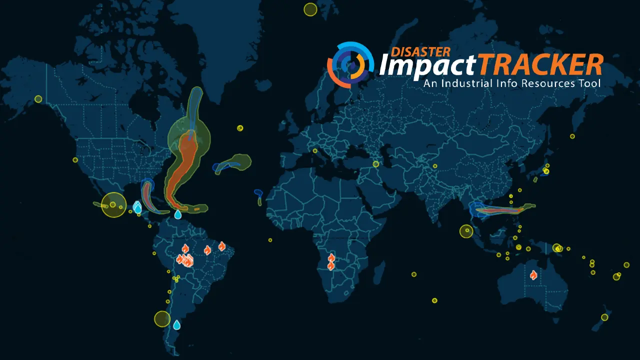 IIR Energy’s Disaster Impact Tracker tool shows a dark blue world map with highlighted areas showing disaster impact zones in red, yellow, and green, representing hurricanes and earthquakes. Blue water drops represent flooding and orange fire icons represent wildfires.