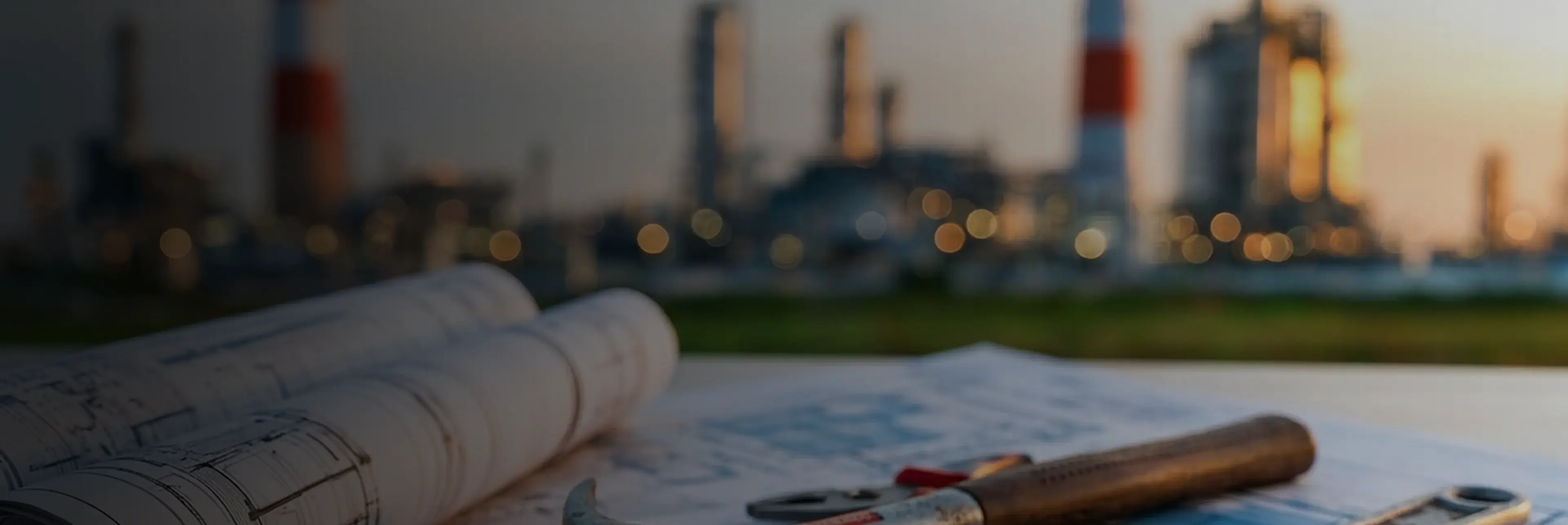 Rolled architectural blueprints on a table with an industrial plant construction site in the background