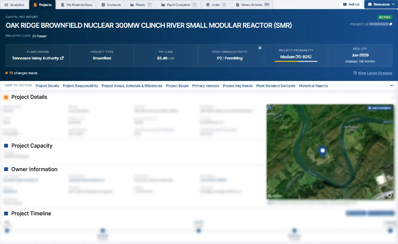 Sample PEC Report showing project details, ownership, investment value, timing, probability score, and location map for an industrial project